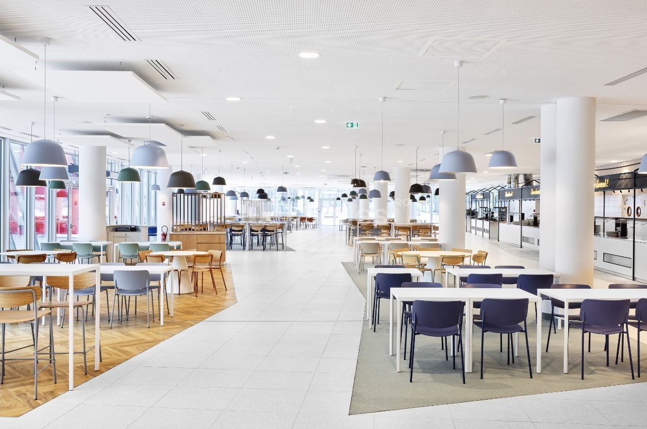 Salle lumineuse avec tables et chaises modernes, divisée en zones avec différents types de sols et éclairages suspendus.