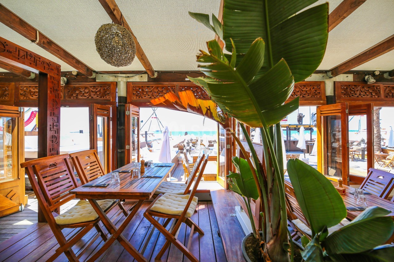 Salle en bois avec tables et chaises, grandes ouvertures sur une terrasse ensoleillée et vue sur la mer.