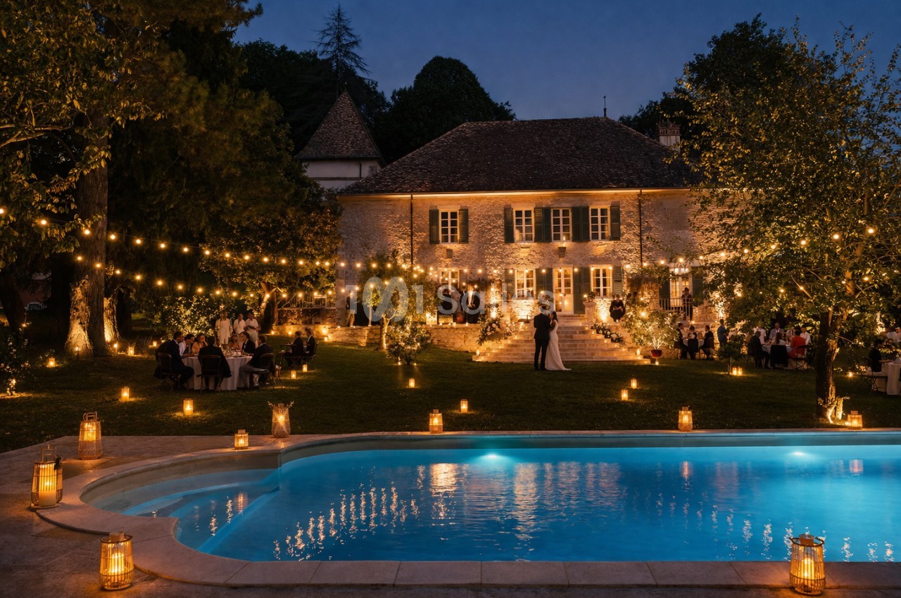 Maison en pierre éclairée par des guirlandes lumineuses, avec une piscine au premier plan et des invités dans le jardin.