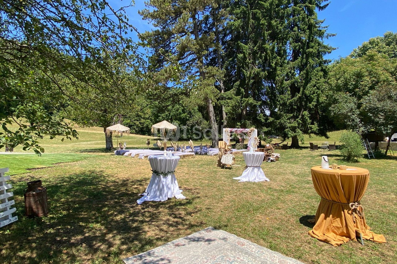 Espace extérieur aménagé pour un événement avec tables hautes, chaises, tapis et décorations sous des arbres.