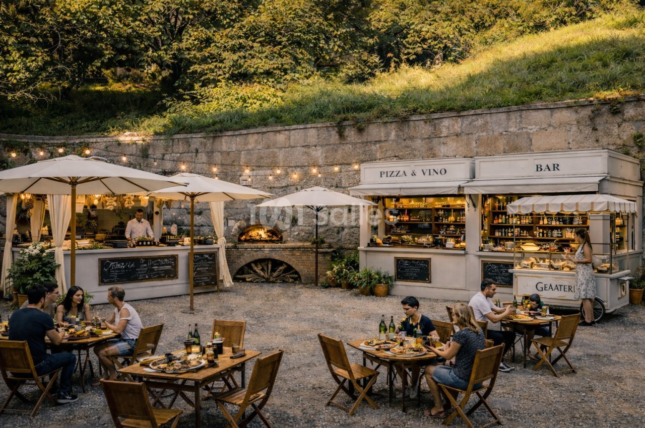 Terrasse extérieure avec tables, chaises en bois, stands de restauration et guirlandes lumineuses dans un cadre verdoyant.