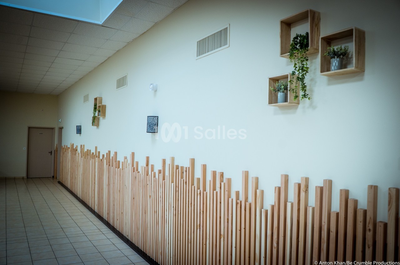 Mur intérieur décoré de lattes en bois verticales et de plantes suspendues dans des cadres géométriques.