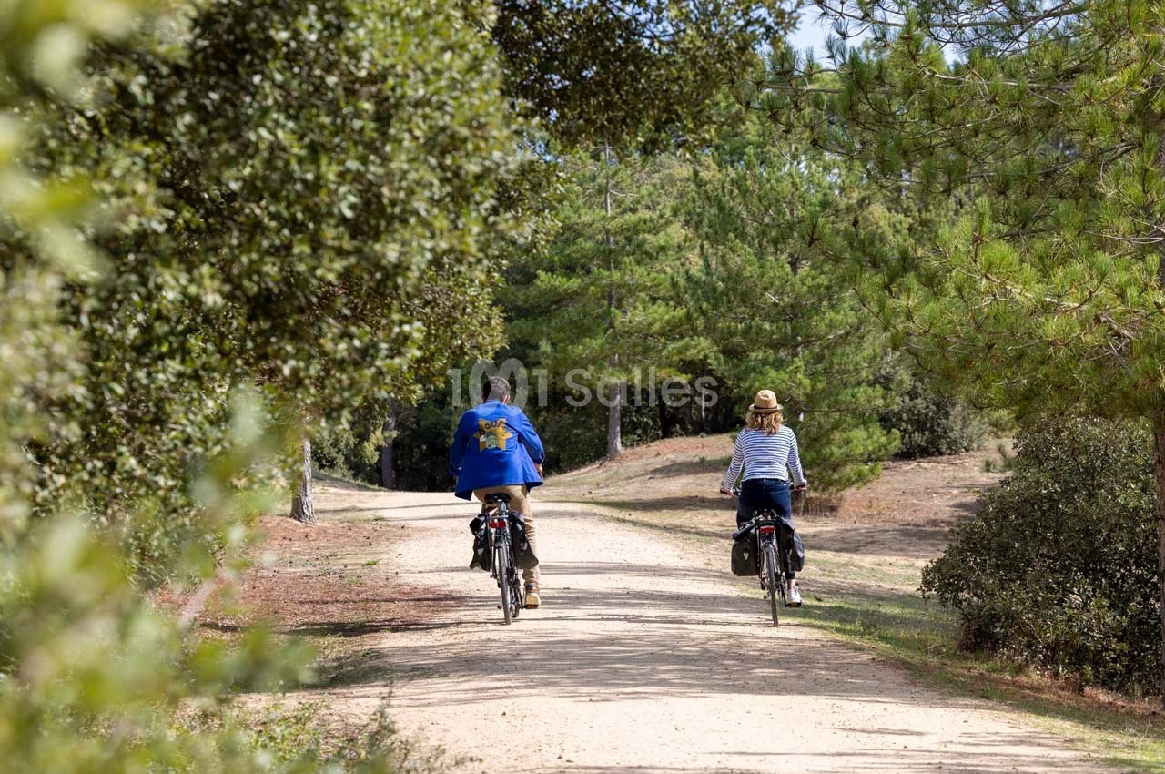 Deux personnes à vélo sur un chemin forestier bordé d'arbres et de végétation.
