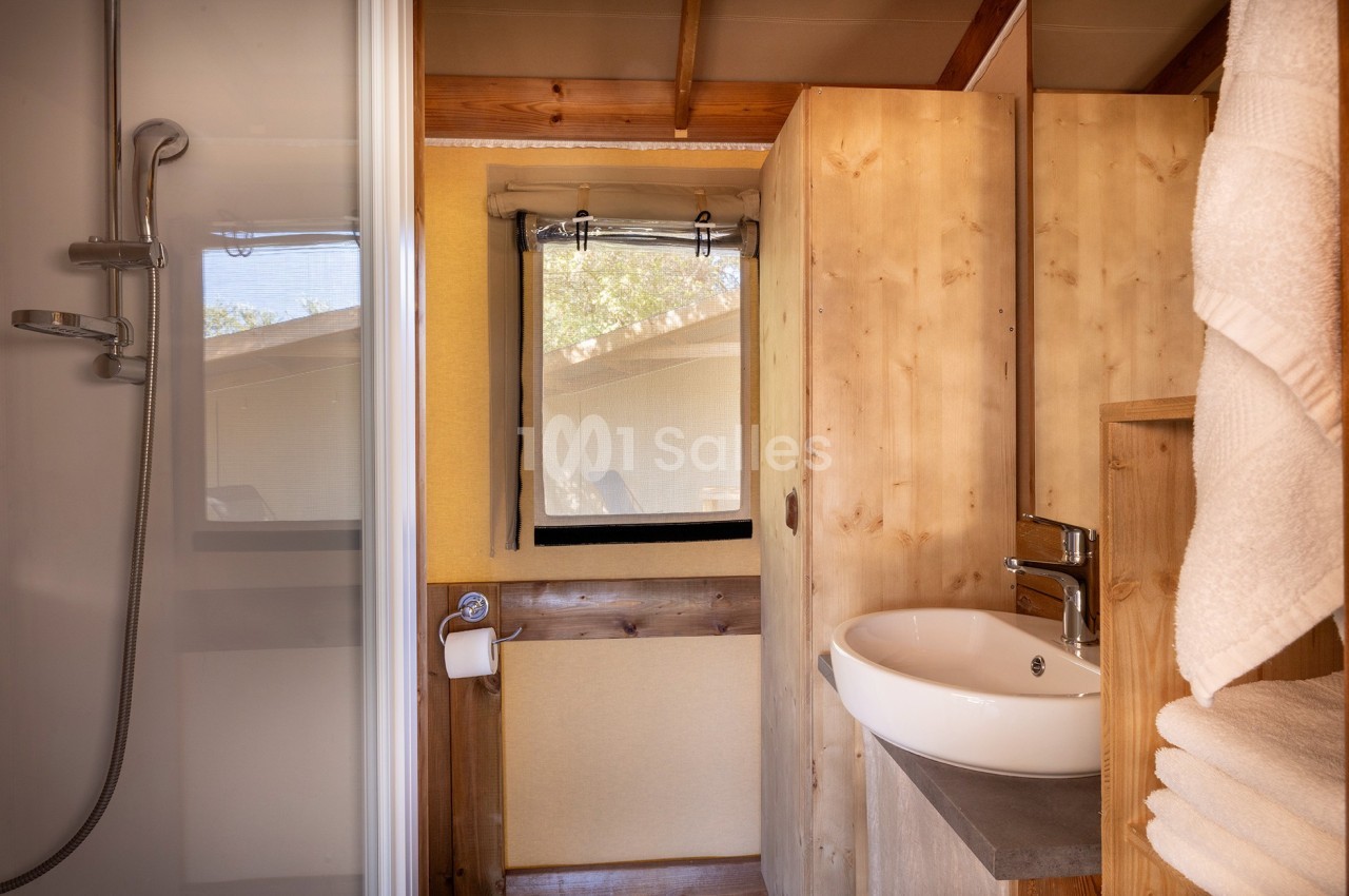 Salle de bain avec douche, lavabo blanc, miroir, serviettes pliées et fenêtre donnant sur l'extérieur.