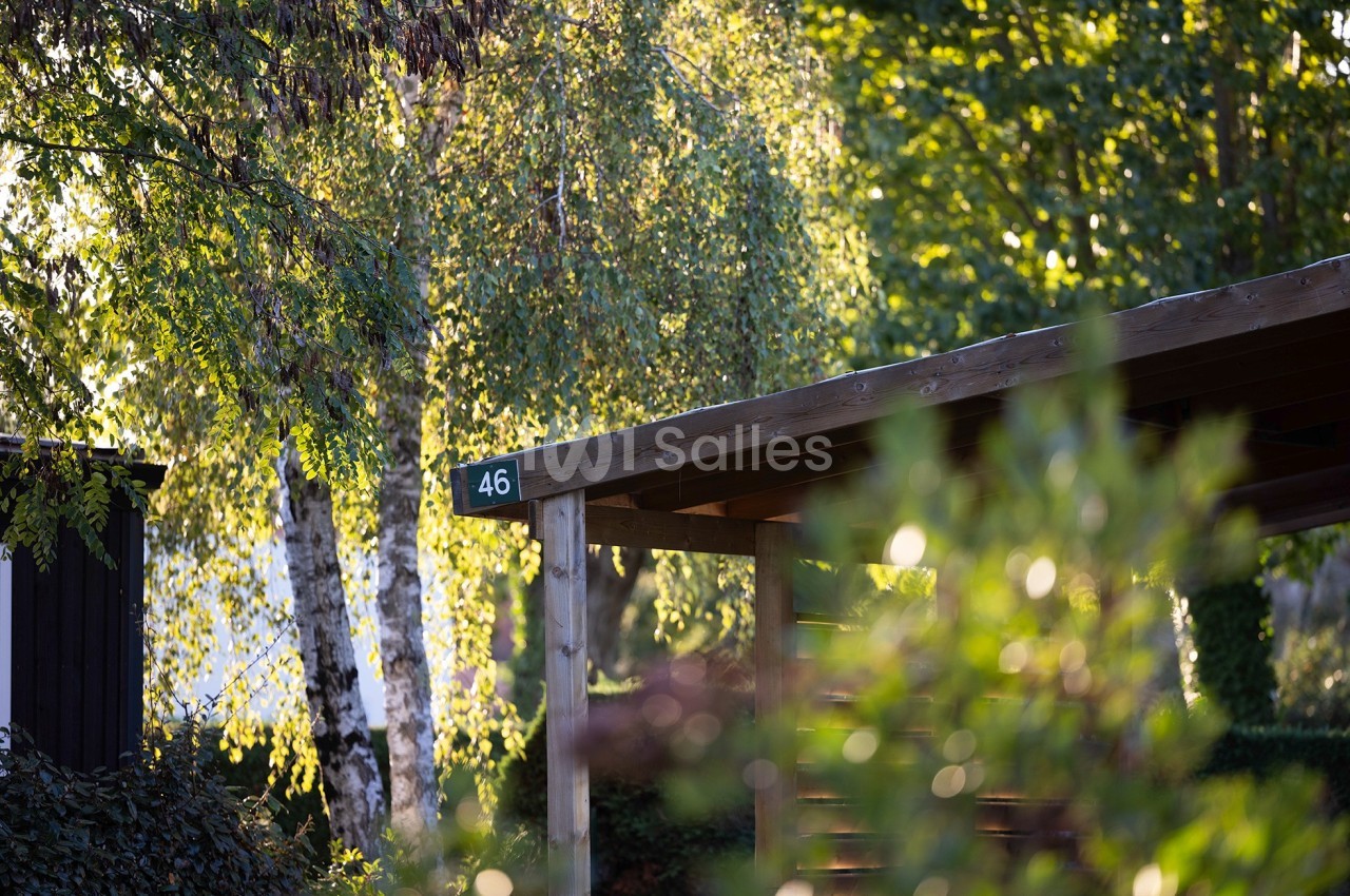 Abri en bois avec un panneau ’46’, entouré de végétation et d'arbres sous une lumière naturelle.