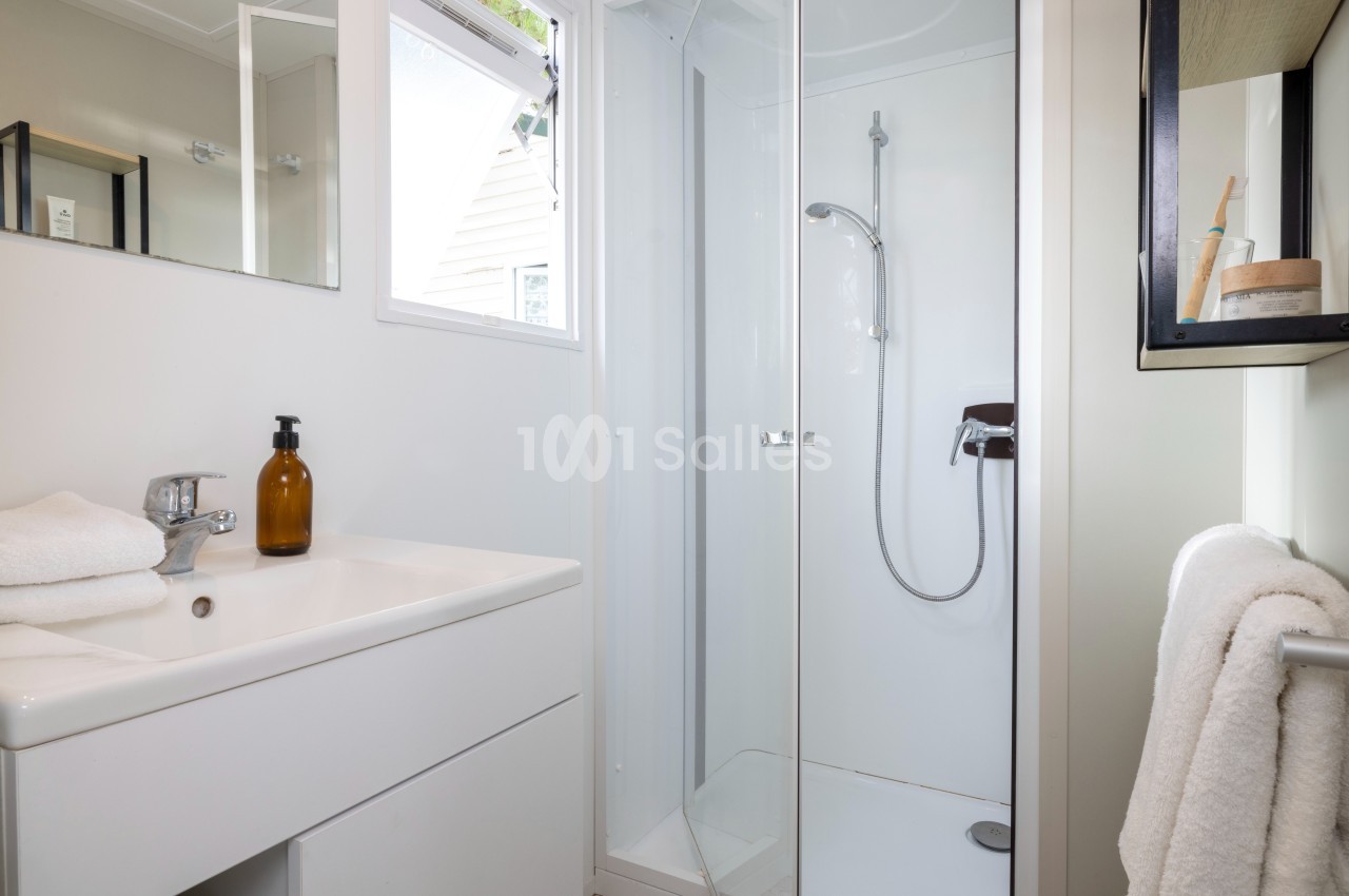 Salle de bain lumineuse avec douche vitrée, lavabo blanc, miroir, et accessoires de toilette.