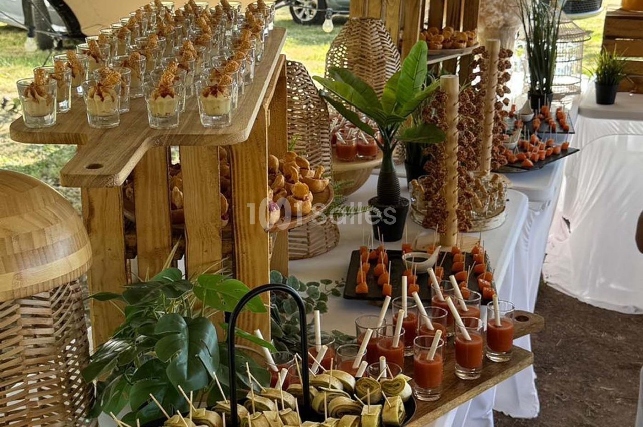 Buffet en plein air avec verrines, brochettes et assortiments de bouchées disposés sur des présentoirs en bois.