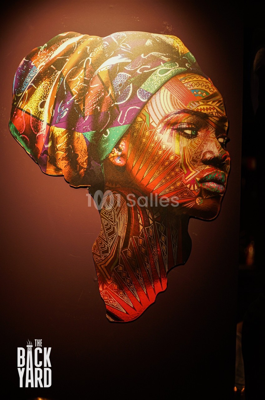 Illustration colorée d'un visage de femme intégrée dans une carte de l'Afrique, avec motifs géométriques et lumineux.