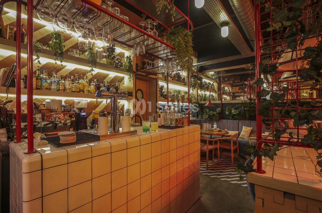 Intérieur d'un bar chaleureux avec comptoir carrelé, étagères garnies de bouteilles et plantes suspendues.