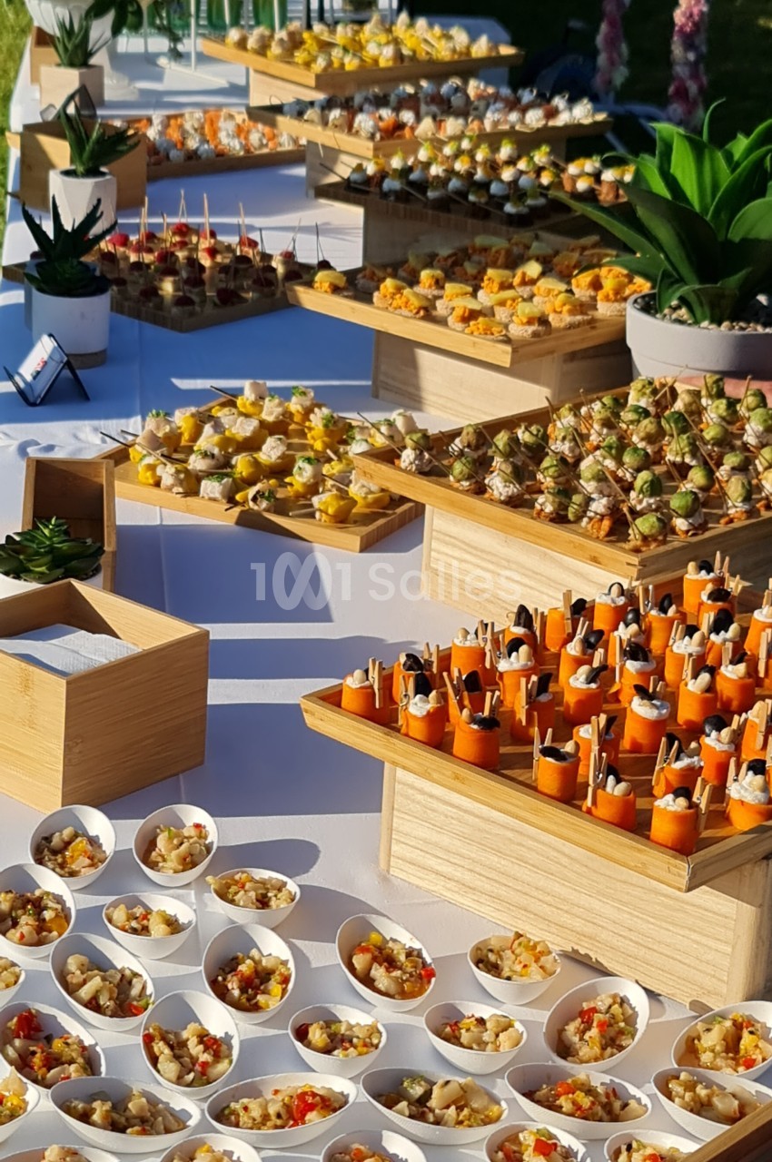 Buffet en extérieur avec une variété de bouchées apéritives présentées sur des plateaux et des bols.