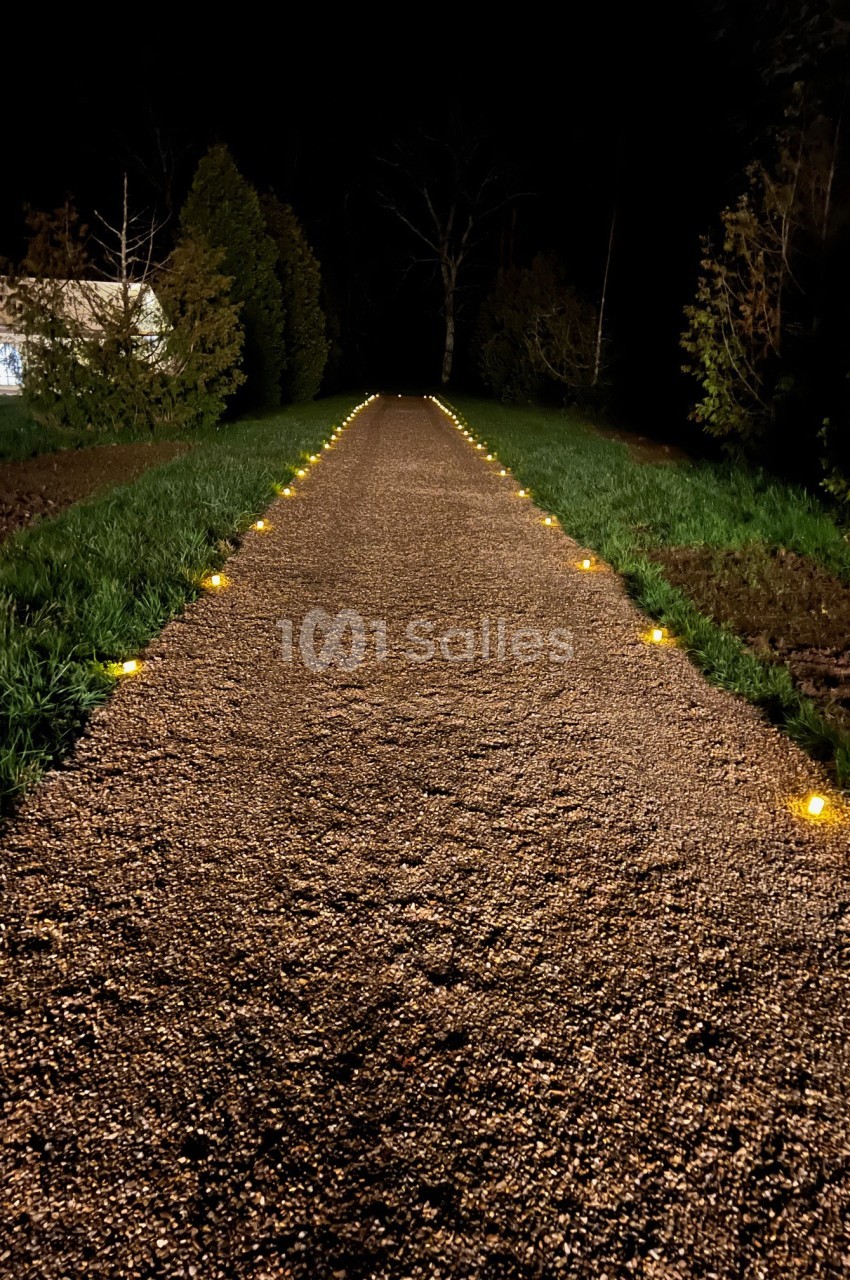 Chemin de gravier éclairé par des lumières au sol, bordé d'arbres et d'herbe, dans un environnement nocturne.