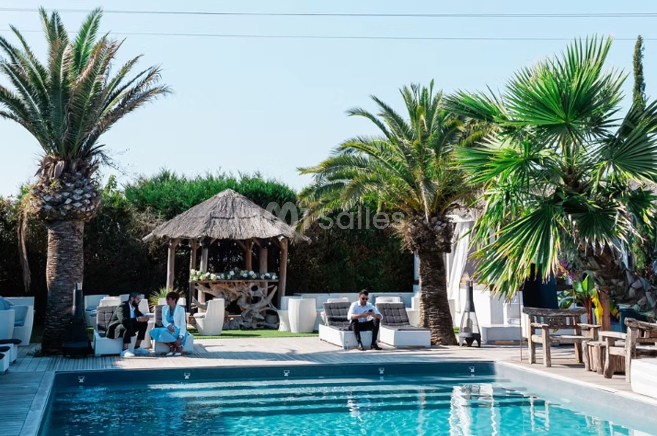 Piscine extérieure entourée de palmiers, avec des chaises longues et un kiosque en bois au fond.