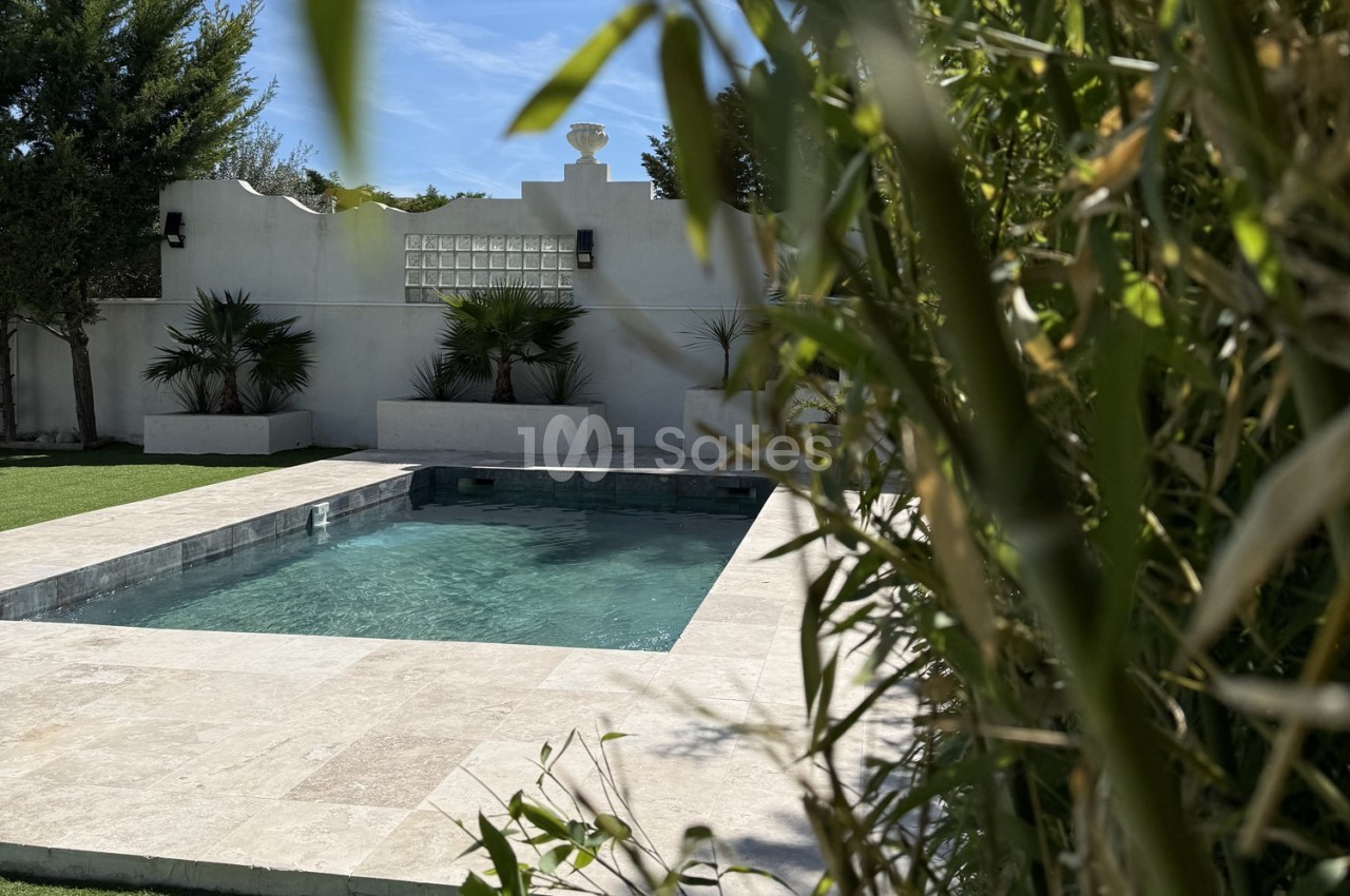 Piscine rectangulaire entourée de végétation et de dalles claires, avec un mur blanc en arrière-plan.