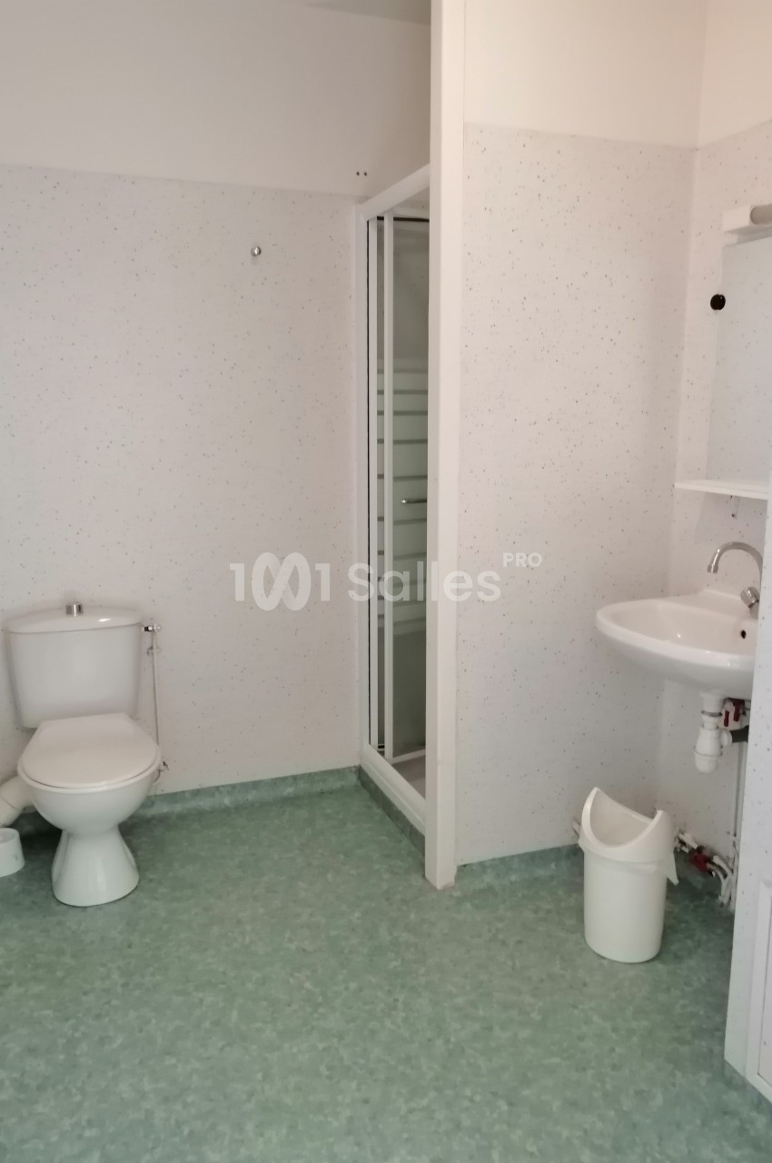 Salle de bain avec toilettes, douche, lavabo et poubelle, sol en vinyle vert et murs clairs.