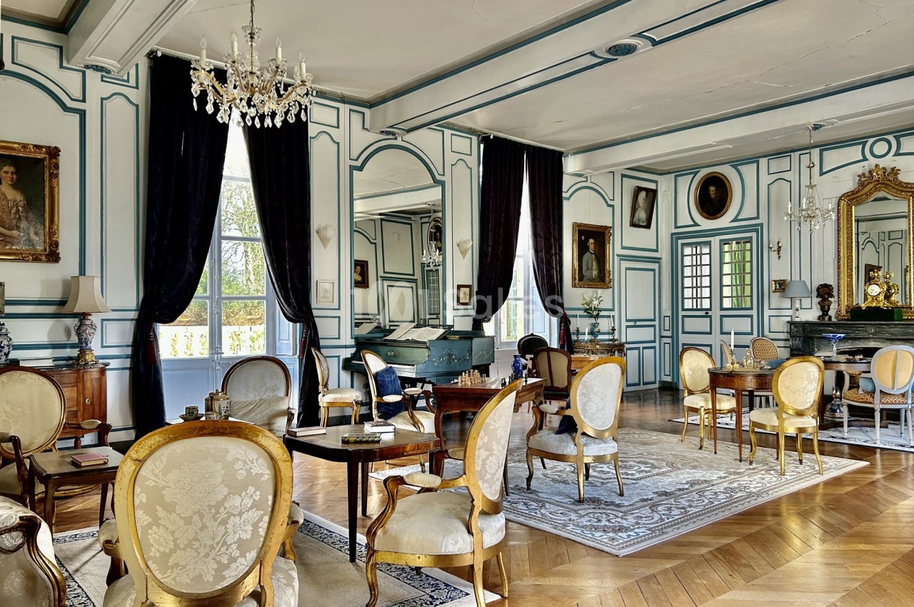 Salon élégant avec mobilier ancien, murs ornés de moulures, lustre, tableaux et grandes fenêtres laissant entrer la lumière.