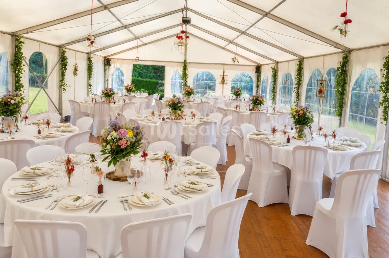 Salle de réception sous une tente avec tables rondes décorées de fleurs et vaisselle, entourée de verdure.