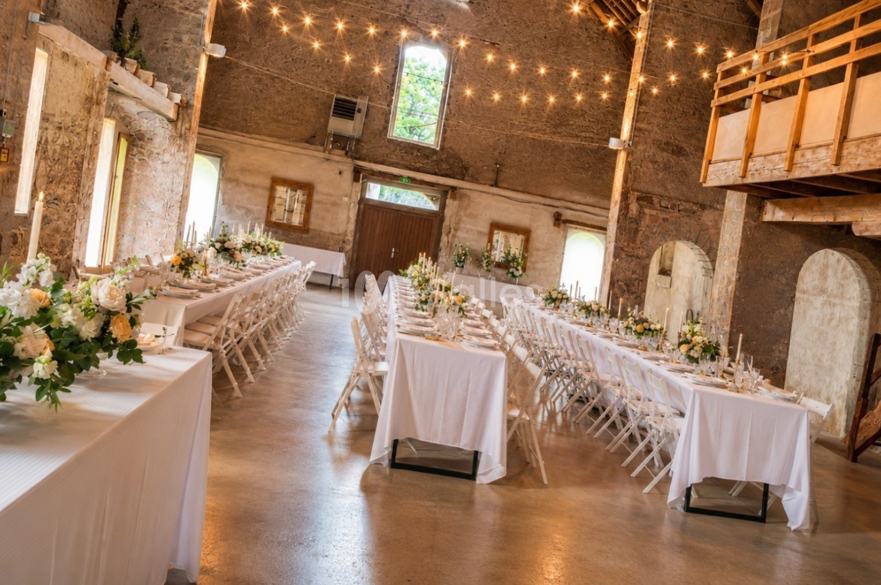 Salle de réception rustique avec tables décorées de fleurs blanches et éclairage suspendu chaleureux.