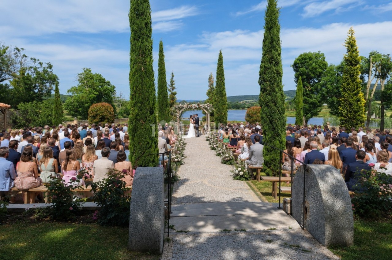 Cérémonie de mariage en plein air avec des invités assis, allée centrale bordée de cyprès et vue sur un paysage verdoyant.