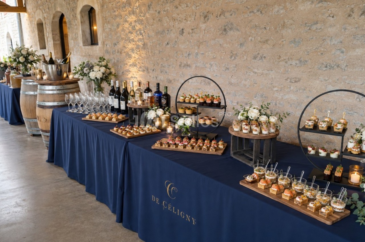 Buffet élégant avec verrines, amuse-bouches, bouteilles de vin et décorations florales sur nappes bleues.