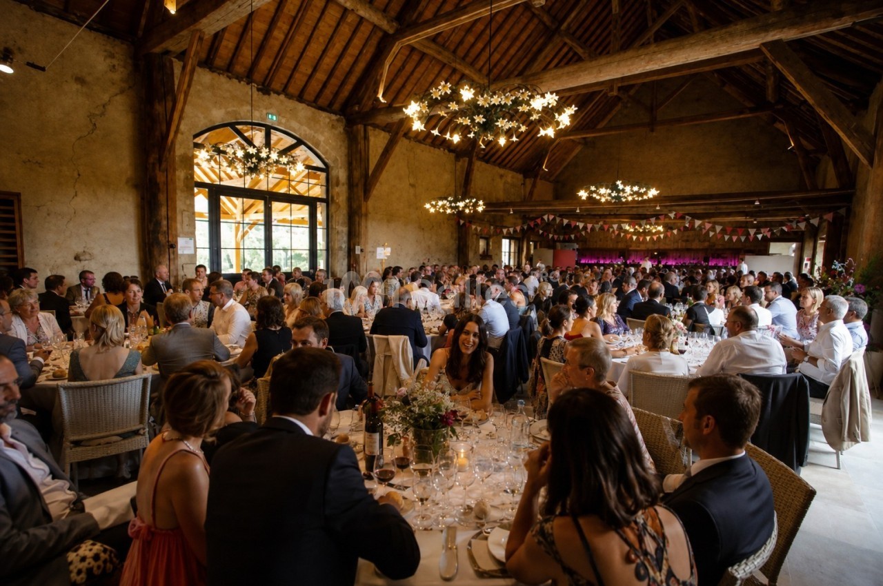 Salle de réception rustique avec de nombreux invités assis à des tables décorées, éclairée par des lustres suspendus.