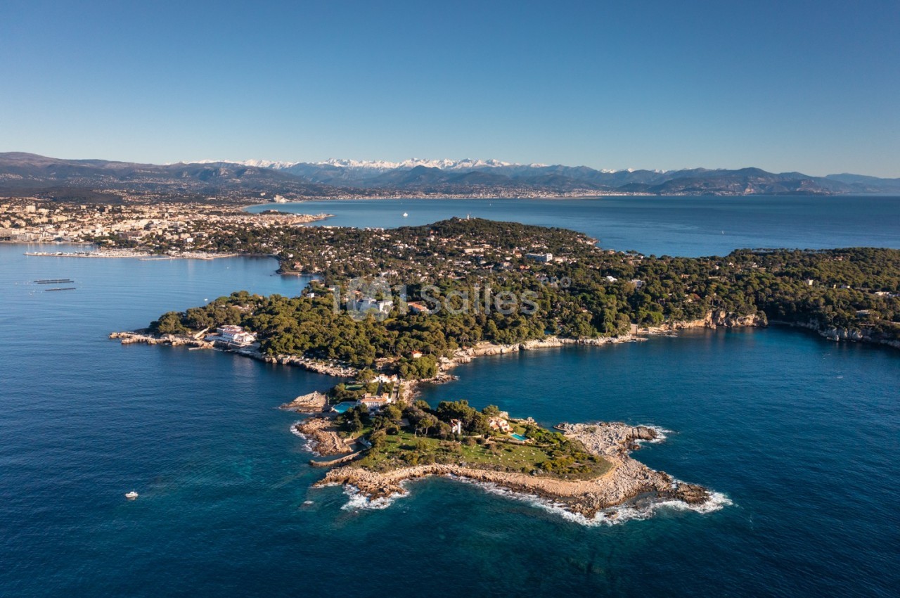 Vue aérienne d'une péninsule boisée entourée de mer, avec des montagnes enneigées à l'horizon.