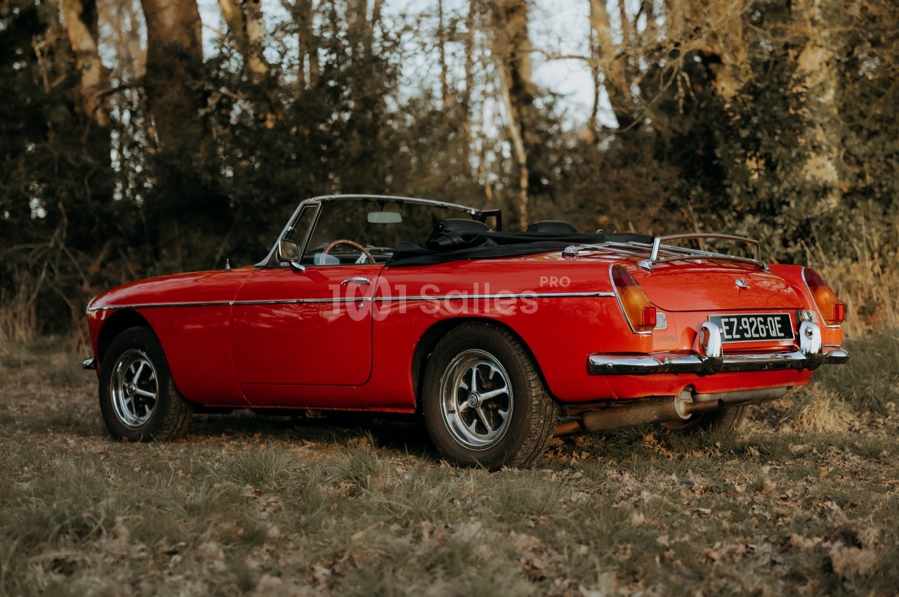 Voiture ancienne décapotable rouge garée sur une pelouse, entourée d'arbres en arrière-plan.