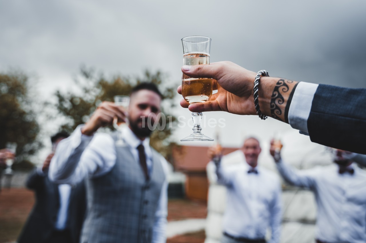 Un groupe de personnes en tenue habillée trinque avec des verres de champagne en extérieur sous un ciel nuageux.