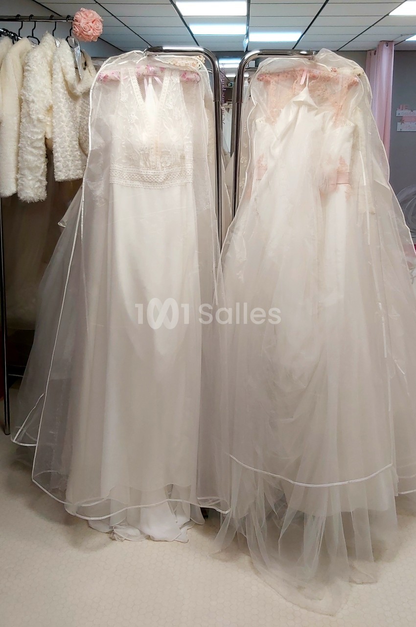 Deux robes de mariée blanches avec voiles transparents suspendues sur des cintres dans une boutique.