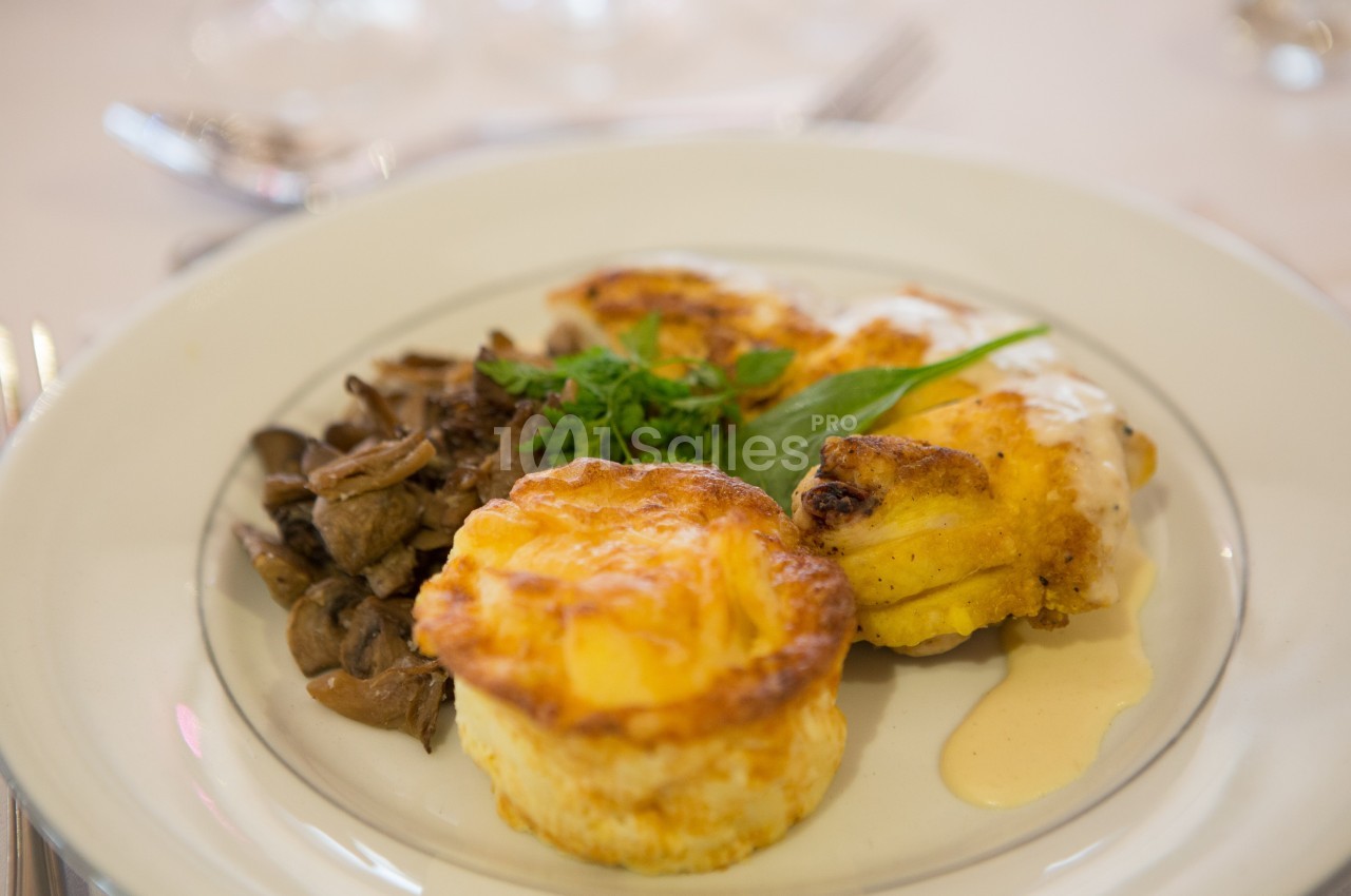Assiette contenant un gratin individuel, du poulet en sauce et une garniture de champignons, décorée d'herbes fraîches.
