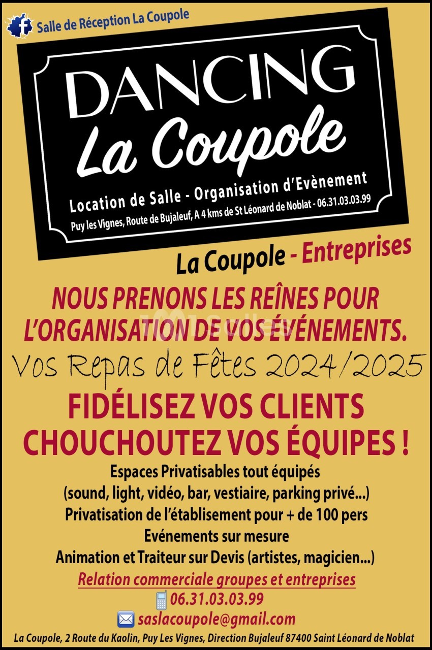 Affiche promotionnelle pour la location de salle et l'organisation d'événements professionnels à La Coupole.