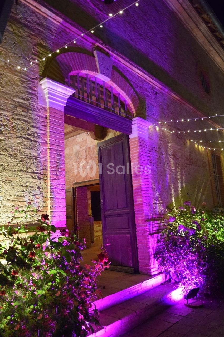 Entrée en briques éclairée par des lumières violettes, entourée de plantes et guirlandes lumineuses suspendues.