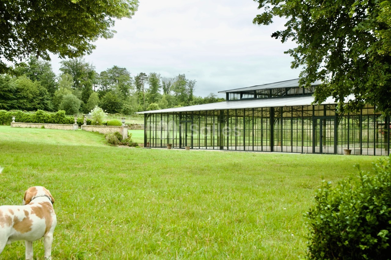 Serre en verre entourée de pelouse et d'arbres, avec un chien au premier plan regardant vers la structure.