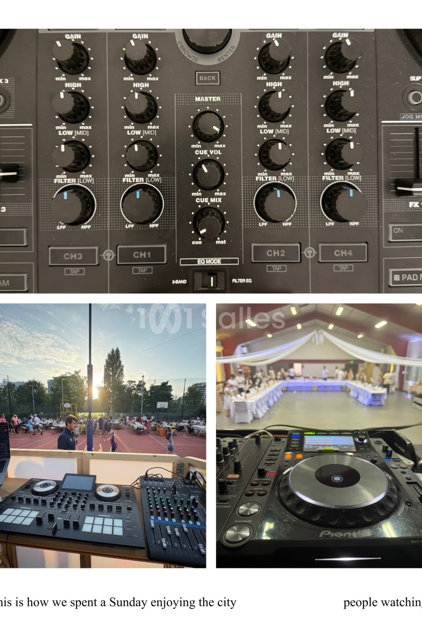 Montage de photos montrant une table de mixage, un coucher de soleil, une salle de réception et un équipement DJ.