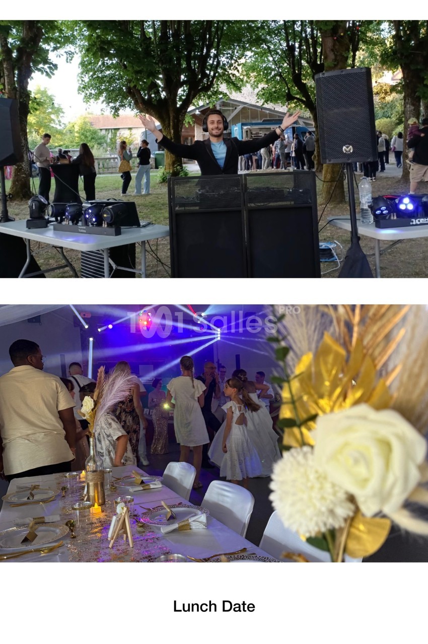 1. Un DJ anime un événement en plein air avec des enceintes et des jeux de lumière sous des arbres. 2. Salle décorée pour…