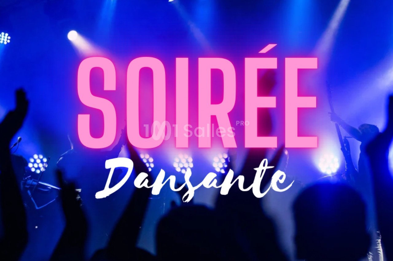 Personnes applaudissant devant une scène éclairée de lumières colorées, avec le texte ’Soirée Dansante’ en surimpression.