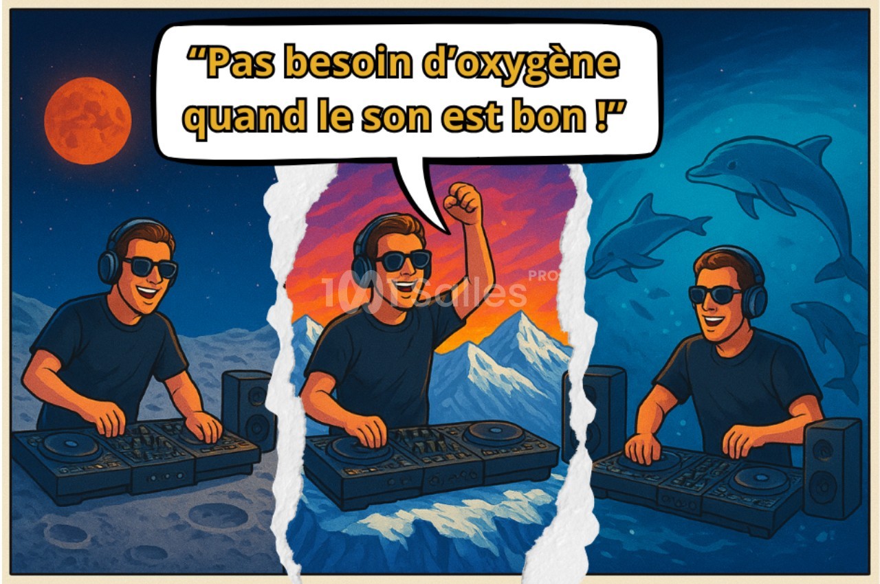 Illustration d'un DJ avec casque et platines, dans des décors variés, accompagné d'une bulle disant : ’Pas besoin d'oxygène…