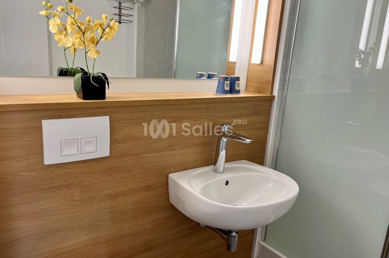 Lavabo blanc avec robinet chromé, miroir encadré de bois, orchidée jaune en pot et accessoires de toilette.