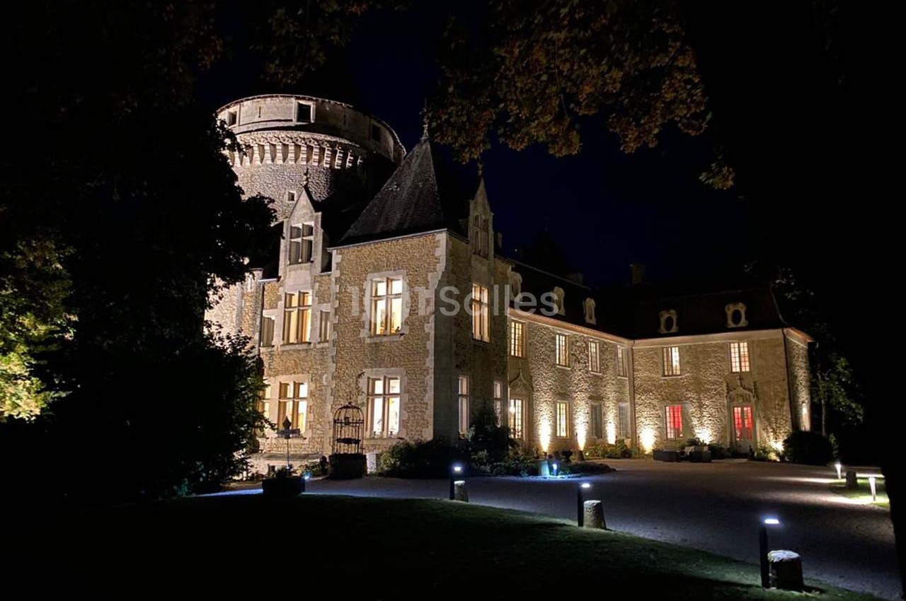 Château en pierre éclairé la nuit, entouré d'arbres et d'une allée illuminée.