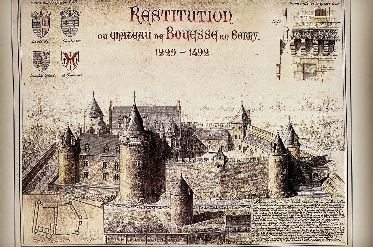 Gravure ancienne représentant la restitution architecturale du château de Bouges en Berry entre 1299 et 1492.