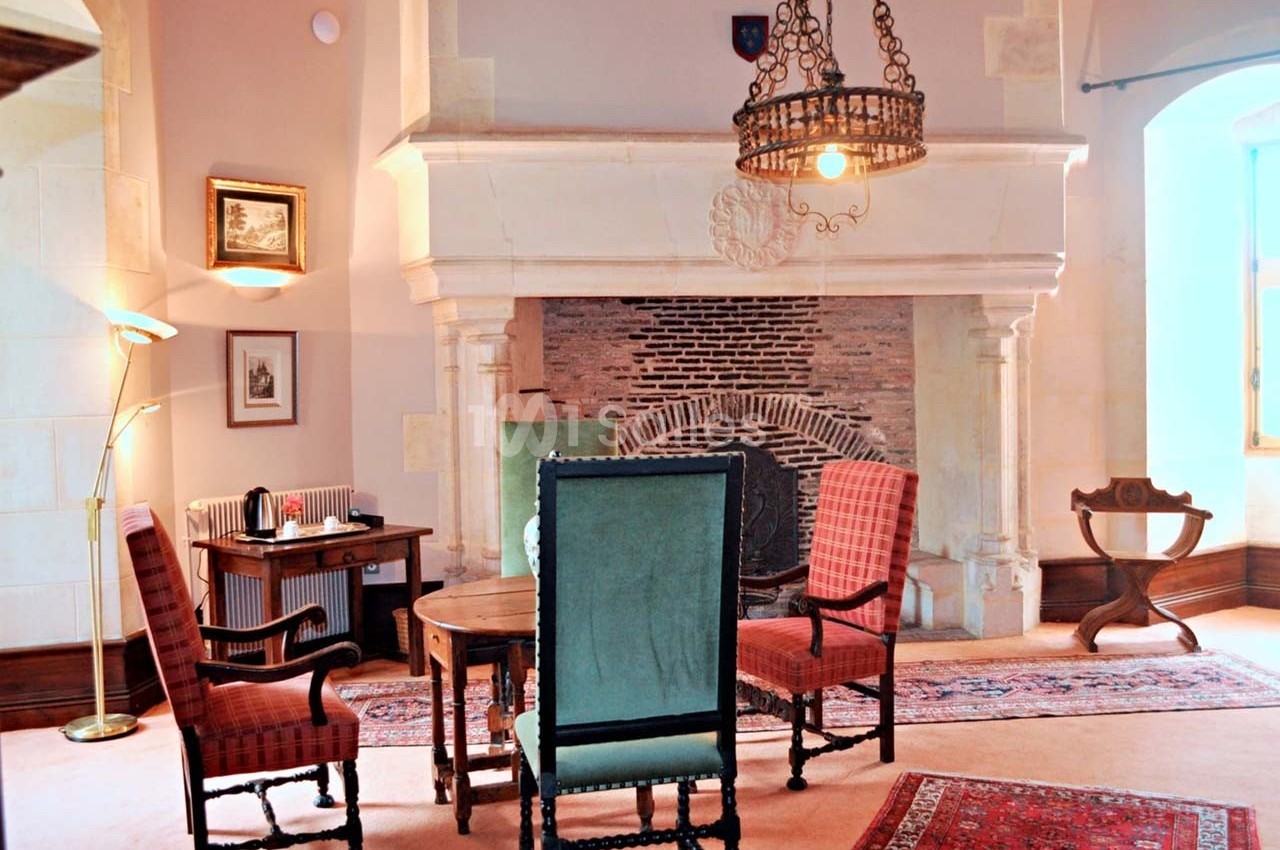 Salle aménagée avec une cheminée en pierre, des fauteuils anciens, une table en bois et un lustre suspendu.