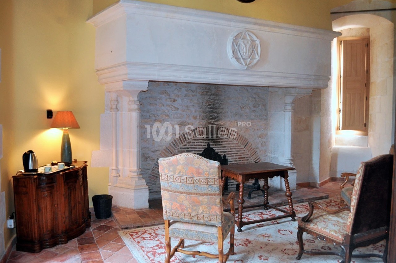 Cheminée en pierre dans une pièce lumineuse avec fauteuils, table basse, lampe et sol en carreaux.