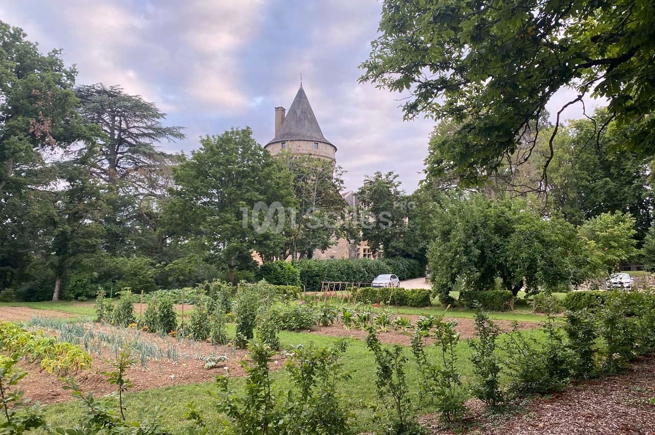 Potager verdoyant avec des rangées de légumes, entouré d'arbres, et un château en arrière-plan sous un ciel nuageux.