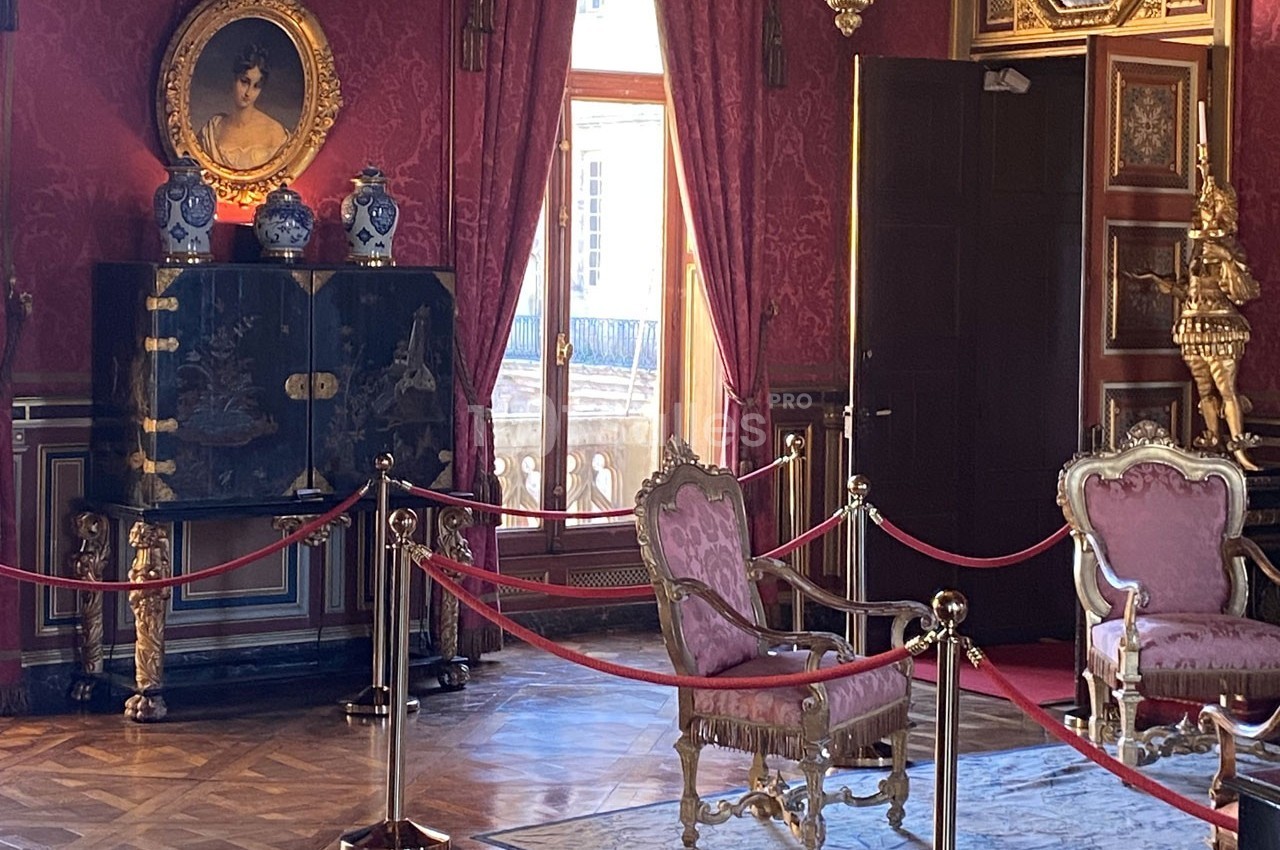 Salon richement décoré avec fauteuils roses, tapis, meubles anciens, tableaux et tentures rouges, éclairé par une fenêtre.