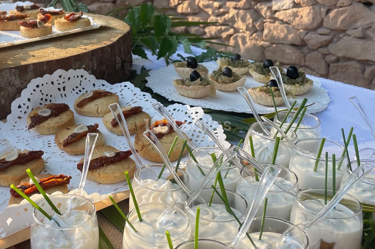 Plateau de verrines, tartines et tartelettes salées disposés sur une table en extérieur avec décor végétal.