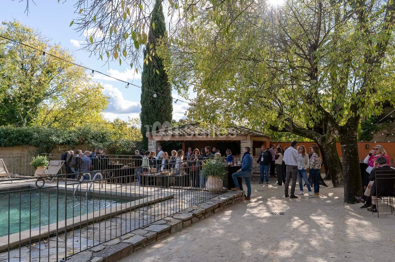 Groupe de personnes réunies près d'une piscine dans un jardin arboré, sous une lumière naturelle.