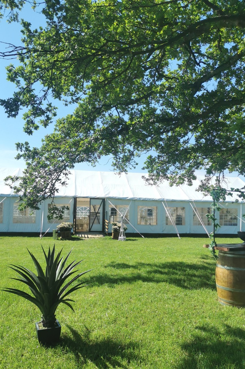 Grande tente blanche installée sur une pelouse verdoyante, entourée d'arbres et d'éléments décoratifs extérieurs.