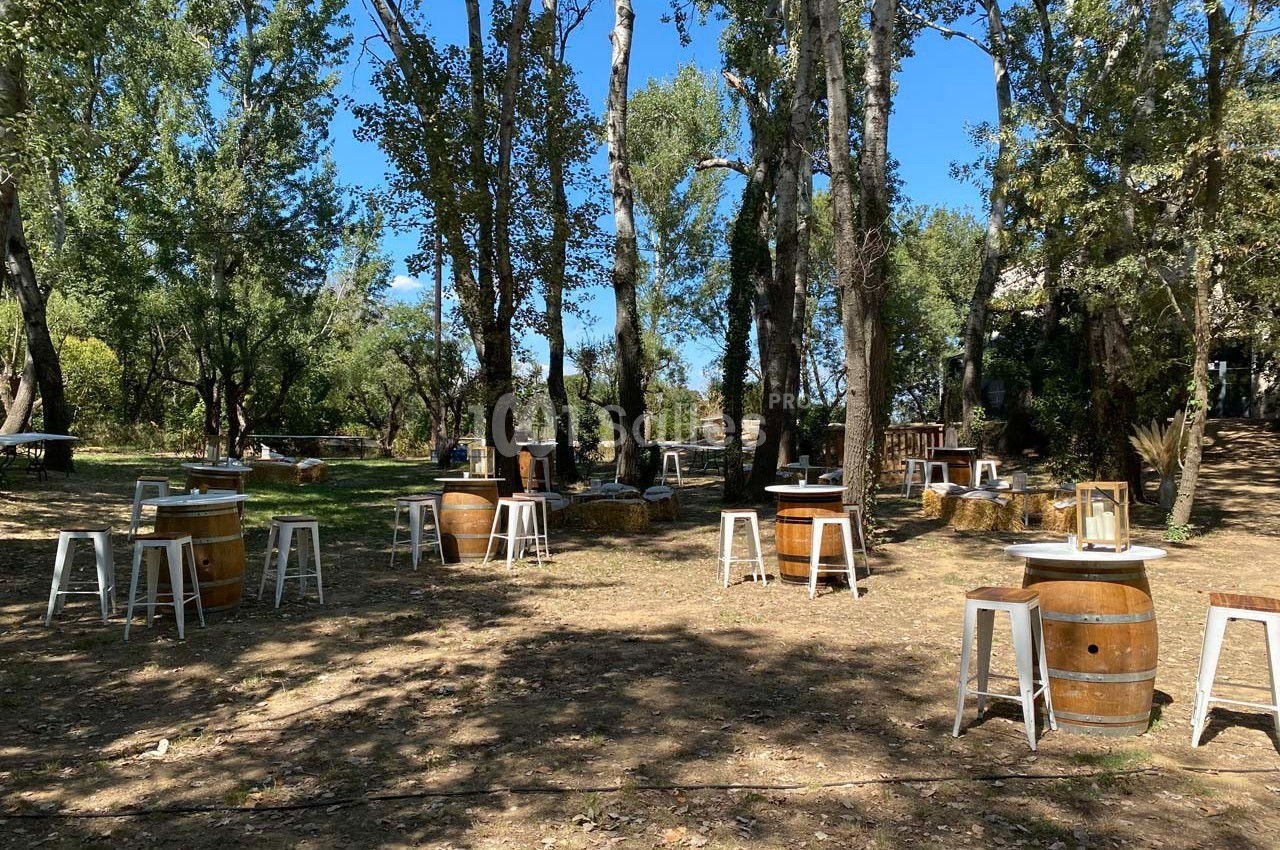 Tables en tonneaux et tabourets blancs disposés en plein air sous des arbres dans un cadre naturel et ombragé.