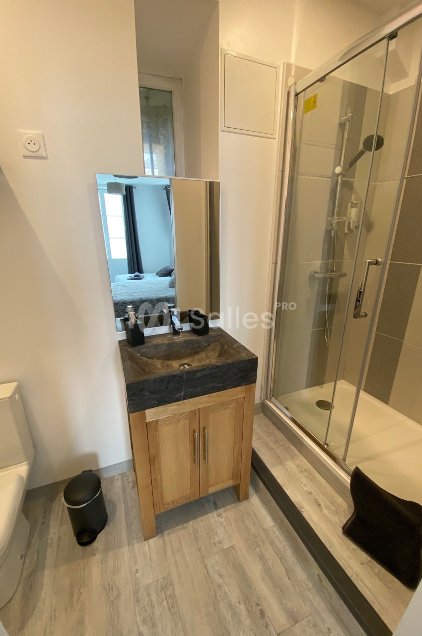 Salle de bain avec douche vitrée, lavabo sur meuble en bois, miroir, toilettes et sol en parquet clair.
