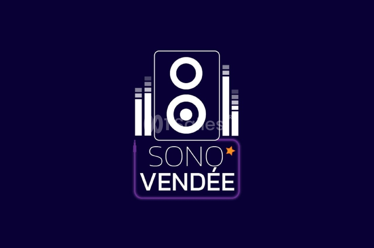Logo de Sono Vendée avec une enceinte stylisée entourée de barres évoquant des niveaux sonores sur fond bleu foncé.
