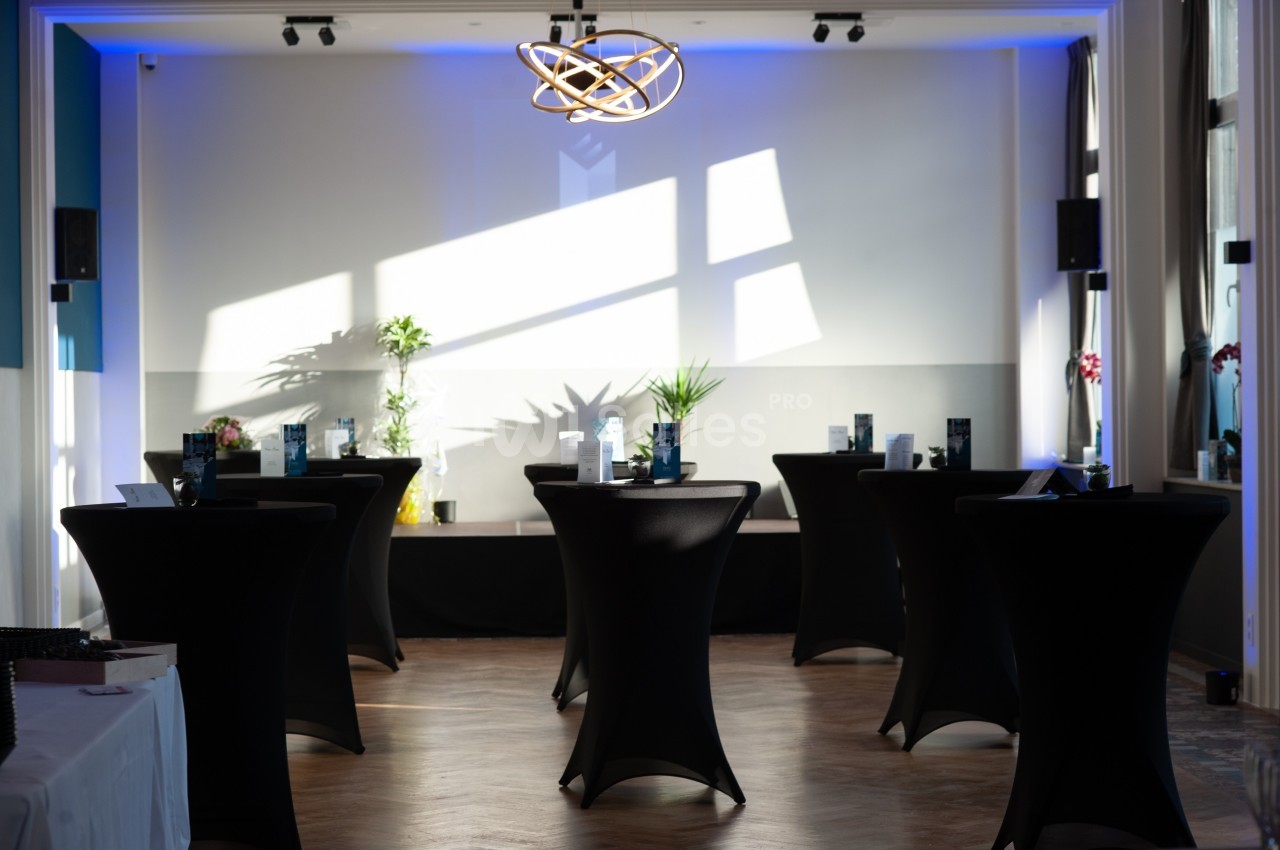 Salle lumineuse avec tables hautes noires, décorée de plantes et éclairée par une lumière naturelle traversant les fenêtres.
